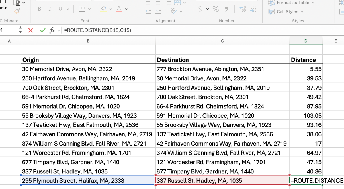 ROUTE.DISTANCE returning driving miles for a column of addresses in Excel