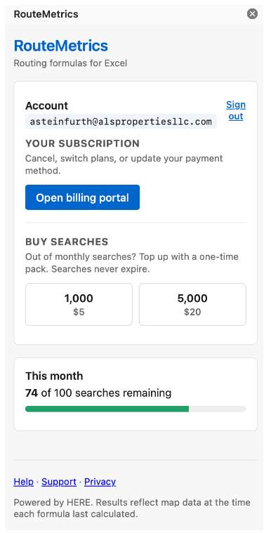RouteMetrics task pane showing account, subscription, buy searches, and monthly usage