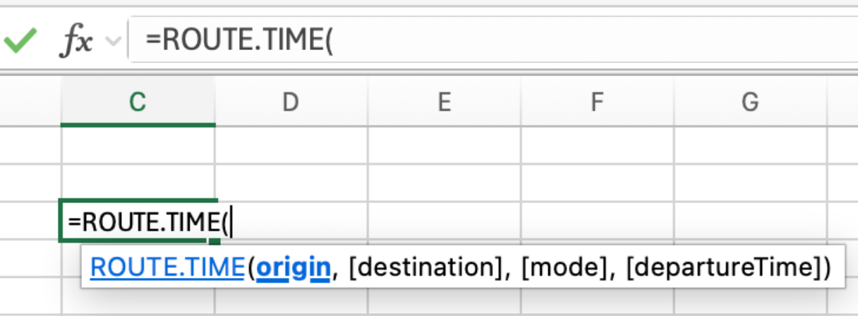 Excel showing the ROUTE.TIME autocomplete tooltip and its arguments